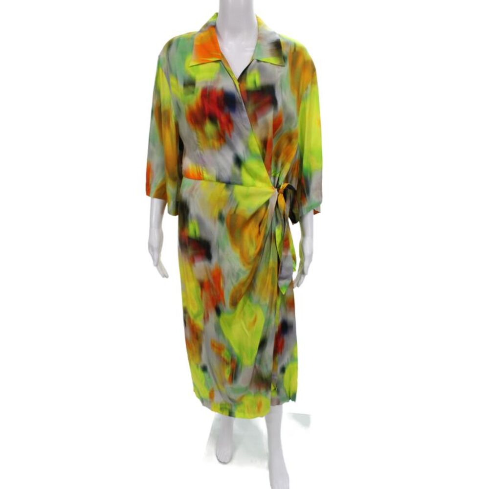 Dries Van Noten Women Green Floral Wrap Shirt Dress Midi 3/4 Sleeve Size 42